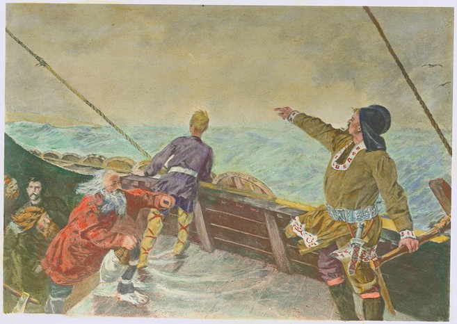 Engraving of Leif Eriksson, as he first views the coast of America. (Photo by Bettmann, Getty Images) Engraving of Leif Eriksson