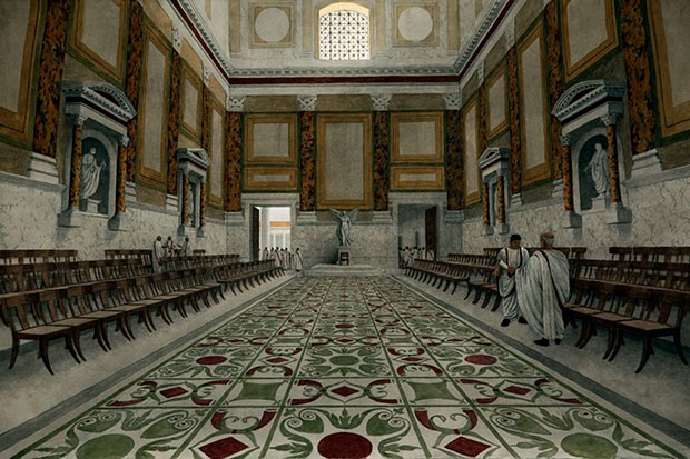 An artist’s impression of the Curia Julia, Rome’s senate house, completed in 29 BC, and (top) its ancient bronze door. Though the senate continued to administer the empire under Augustus, he would ultimately operate the levers of power. (Photo by British Museum) An artist’s impression of the Curia Julia, Rome’s senate house, completed in 29 BC, and (top) its ancient bronze door. Though the senate continued to administer the empire under Augustus, he would ultimately operate the levers of power. (Photo by British Museum)