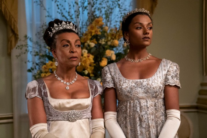 In Bridgerton, as in real history, strict etiquette governs the social season. (L to R) Adjoa Andoh as Lady Danbury, Simone Ashley as Kate Sharma in an episode Bridgerton. Adjoa Andoh as Lady Danbury, Simone Ashley as Kate Sharma in an episode Bridgerton