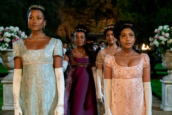 Simone Ashley (left) as Kate Sharma, accompanied by Adjoa Andoh as Lady Danbury (centre left), Shelley Conn as Mary Sharma (centre right), Charithra Chandran as Edwina Sharma (right) in series two of Bridgerton Simone Ashley (left) as Kate Sharma, accompanied by Adjoa Andoh as Lady Danbury (centre left), Shelley Conn as Mary Sharma (centre right), Charithra Chandran as Edwina Sharma (right) in series two of Bridgerton