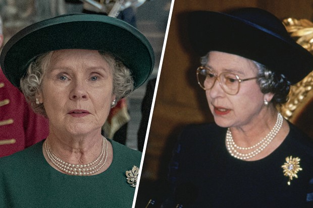 Imelda Staunton as Queen Elizabeth II in The Crown, and the real Queen Elizabeth II Imelda Staunton as Queen Elizabeth II in The Crown, and the real Queen Elizabeth II