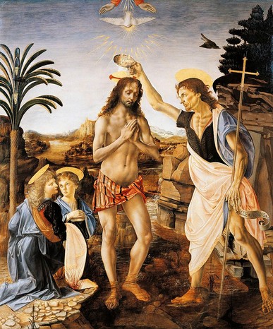 The Baptism of Christ (1475–78) by Verrocchio and assistants. Leonardo's skilfully painted angel (far left) was said to have made his master jealous. (Photo by DeAgostini /Getty Images) The Baptism of Christ painted by Verrocchio and assistants