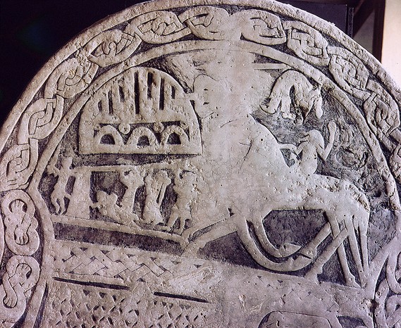 A carved funerary stone, c8th century. 'Vikings' portrayal of pagan Norse funerals draws on rich and varied evidence. (Photo by Werner A carved Vikings funerary ston