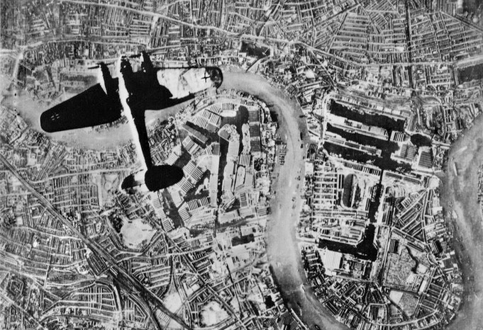 The Battle Of Britain The Battle Of Britain, A Heinkel He 111 bomber flying over the Isle of Dogs in the East End of London, at at the start of the Luftwaffe's evening raids of 7 September 1940, 7 September 1940. (Photo by German Air Force photographer/ IWM via Getty Images)