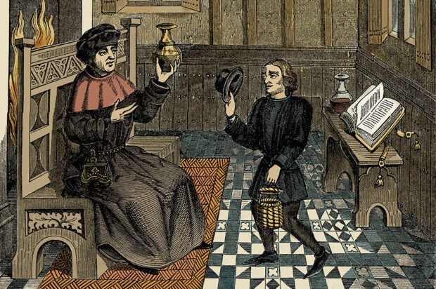 The interior of a doctor's house. This illustration is from a reproduction of a miniature from 'Epistre de Othea' by Christine de Pisan, a 15th century manuscript. The interior of a doctor's house. This illustration is from a reproduction of a miniature from 'Epistre de Othea' by Christine de Pisan, a 15th century manuscript.