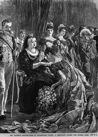 Debs' Drawing Room 1893: A debutante kisses the hand of Queen Victoria (1819 - 1901) during her presentation in the drawing room at Buckingham Palace, London. Original Publication: The Graphic - pub. 1893 (Photo by Hulton Archive/Getty Images)