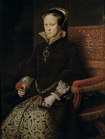 Queen Mary I, sporting a fashionable French hood. (Photo by Fine Art Images/Heritage Images via Getty Images) A painting of Queen Mary I wearing a dark-coloured coat and a French hood, sat on a red chair.
