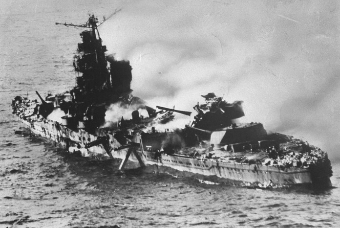 Smoking hulk of the Japanese heavy cruiser Mikuma, which was destroyed during the battle of Midway. (Photo by Time Life Pictures/US Navy/The LIFE Picture Collection via Getty Images) Smoking hulk of the Japanese heavy cruiser Mikuma, which was destroyed during the battle of Midway. (Photo by Time Life Pictures/US Navy/The LIFE Picture Collection via Getty Images)