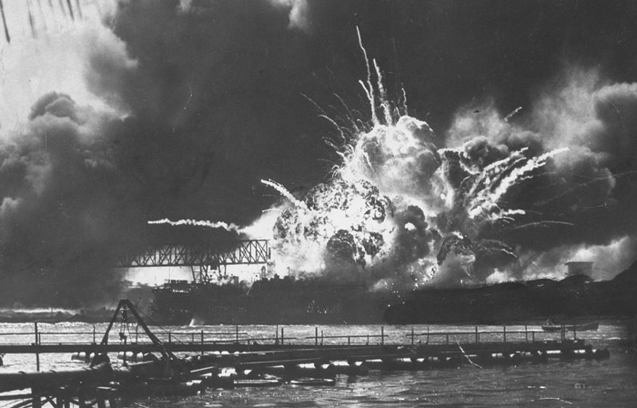 Destroyer USS Shaw exploding during earl Destroyer USS Shaw exploding during early morning air attack by Japanese on Pearl Harbor on the island of Oahu, near Honolulu. (Photo by Time Life Pictures/US Navy/The LIFE Picture Collection/Getty Images)