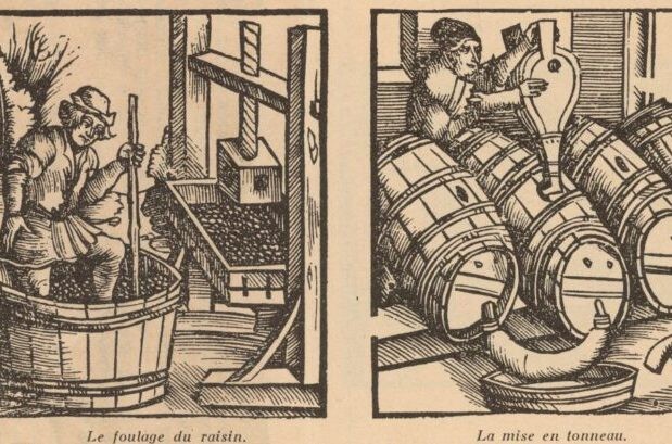 Farm workers treading grapes (left) and using a bellows on a cask of wine (right). Original Artwork: Two engravings from the 'Livre des Profits Champetres et Ruraux' by Pierre de Crescens. Farm workers treading grapes (left) and using a bellows on a cask of wine (right). Original Artwork: Two engravings from the 'Livre des Profits Champetres et Ruraux' by Pierre de Crescens.