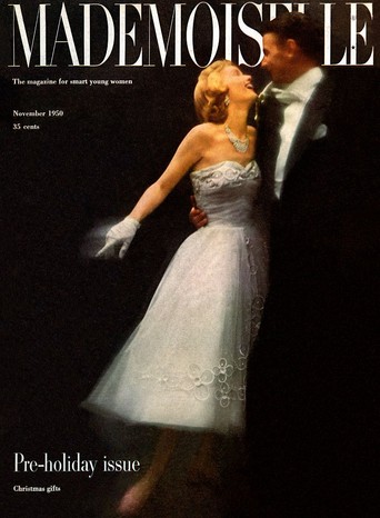 Mademoiselle Cover 1950 Debutante in white rayon net ballgown with rhinestones by Carolyn Fashion, Capezio jeweled slippers, rhinestone necklace and earrings by Karu, and white glace gloves by Kay Fuchs. (Photo by Stephen Colhoun/Condé Nast via Getty Images)