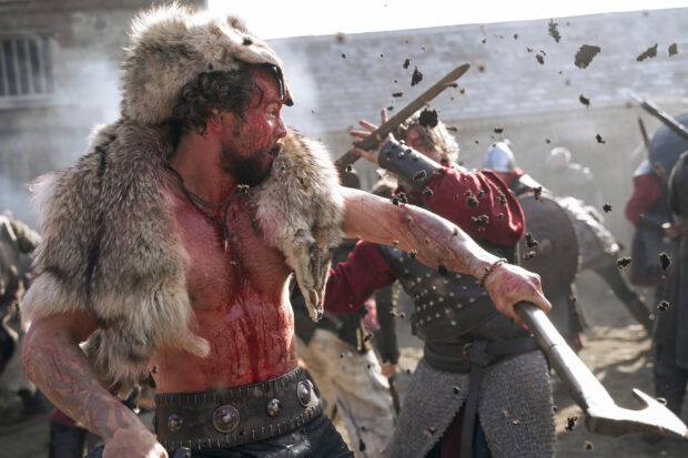 Harald Sigurdsson fights as a beserker in Vikings Valhalla (Photo by Bernard Walsh/Netflix) Harald Sigurdson fights barechested with a bearskin on his shoulders in Vikings Valhalla
