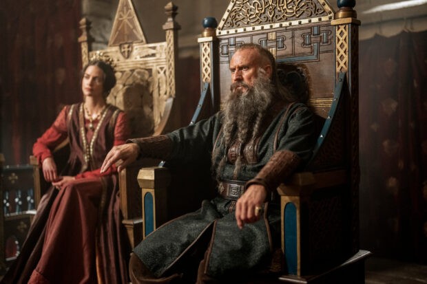 Sweyn Forkbeard (Soren Pilmark) comes into the story in the second half of the season. Seated next to him is Emma of Normandy (Laura Berlin) (Photo by Bernard Walsh/Netflix) Sweyn Forkbeard (Soren Pilmark) seated on a throne alongside Emma of Normandy (Laura Berlin)