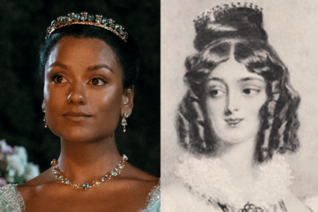 Many have speculated that the storyline of Bridgerton's new character Kate Sharma (played by Simone Ashley, left) could draw on histories of people from Asian heritage in Regency England, such as Kitty Kirkpatrick (right). (Images by LIAM DANIEL/NETFLIX/Alamy) Simone Ashley as Kate Sharma in Bridgerton, next to a Regency portrait of Kitty Kirkpatrick.