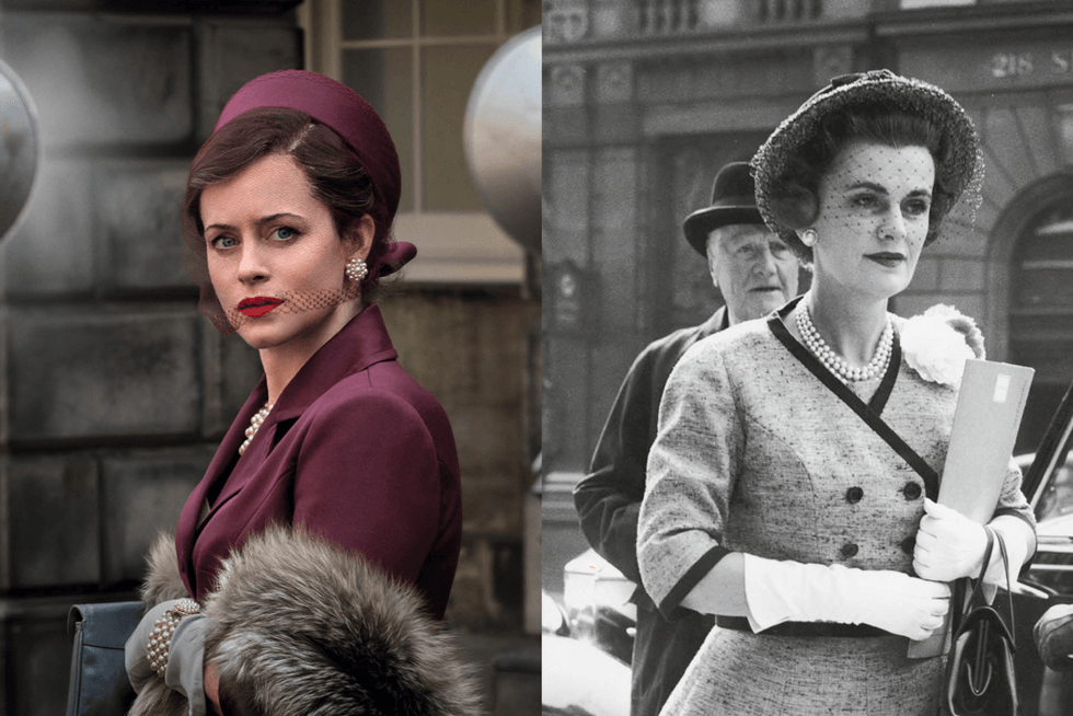 Claire Foy as the Duchess of Argyll in A Very British Scandal (left); Margaret Campbell, Duchess of Argyll (right). (Images by Getty Images/BBC / Blueprint Pictures) Claire Foy as the Duchess of Argyll in A Very British Scandal (left); Margaret Campbell, Duchess of Argyll (right)