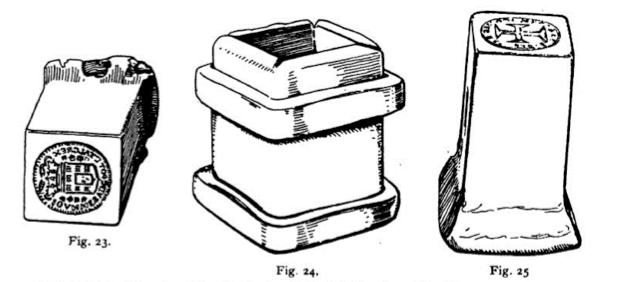 Illustrations of a set of dies used to stamp the coins at Cragg Vale. The one on the far left was used to create an imitation Portuguese moidore (Photo by New York Public Library) Illustrations of a set of dies used to stamp the coins at Cragg Vale