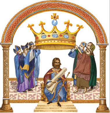 Illustration_coronation_symbolism Illustration of a stylised king under a crown, which is supported by nobles and religious figures