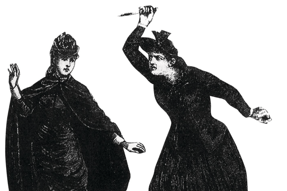Alice Mitchell stabs her lover, Freda Ward, to death, shown in a contemporary illustration. A court declared that the killing was an act of insanity. Alice Mitchell stabs her lover, Freda Ward, to death, shown in a contemporary illustration. A court declared that the killing was an act of insanity.